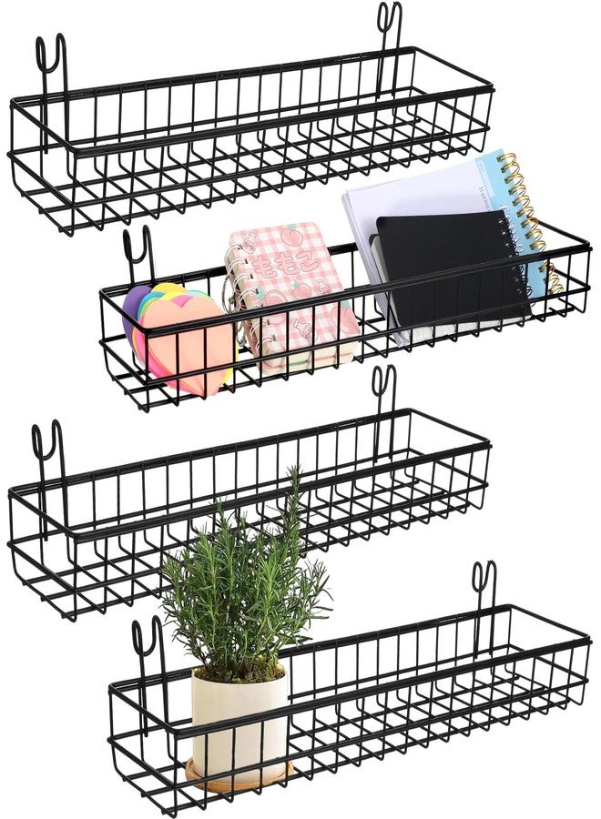 Lemecima 4 Pcs 15.75 x 3.94 x 1.97 Inch Metal Grid Wall Baskets with Hooks Grid Wall Shelves Hanging Wire Basket Multi Function Storage Organizer for Kitchen Organizing Display (Black) - Image 1